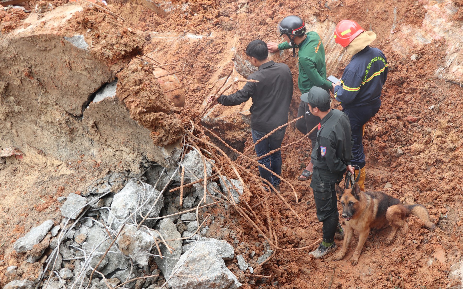 Chó nghiệp vụ tìm vị trí 2 nạn nhân bị vùi lấp do sạt lở taluy nghiêm trọng tại Đà Lạt