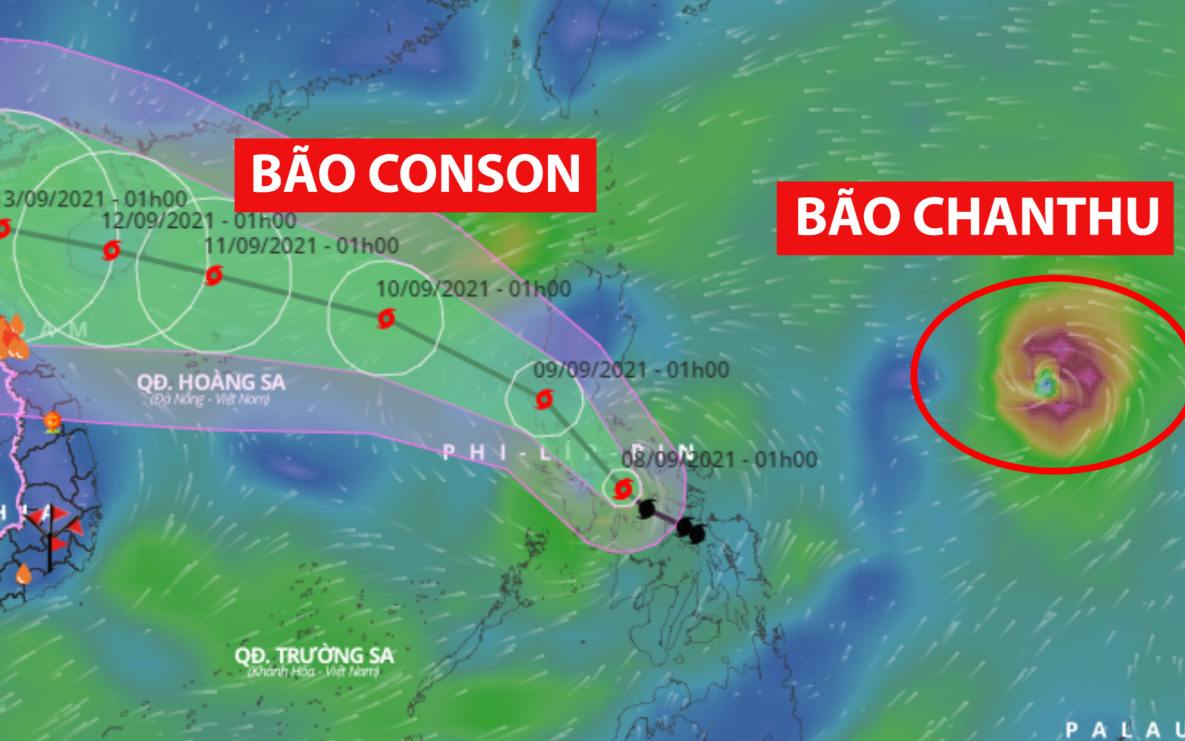 Hướng di chuyển của bão Conson có thể thay đổi bởi tác động của cơn bão mới Chanthu 